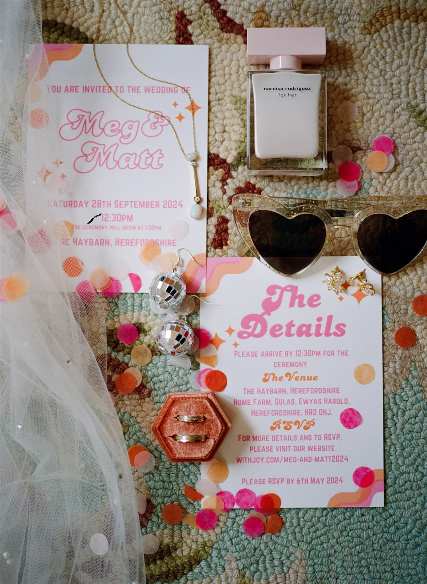Alternative wedding flat lay with confetti, sunglasses and disco balls, 35mm film