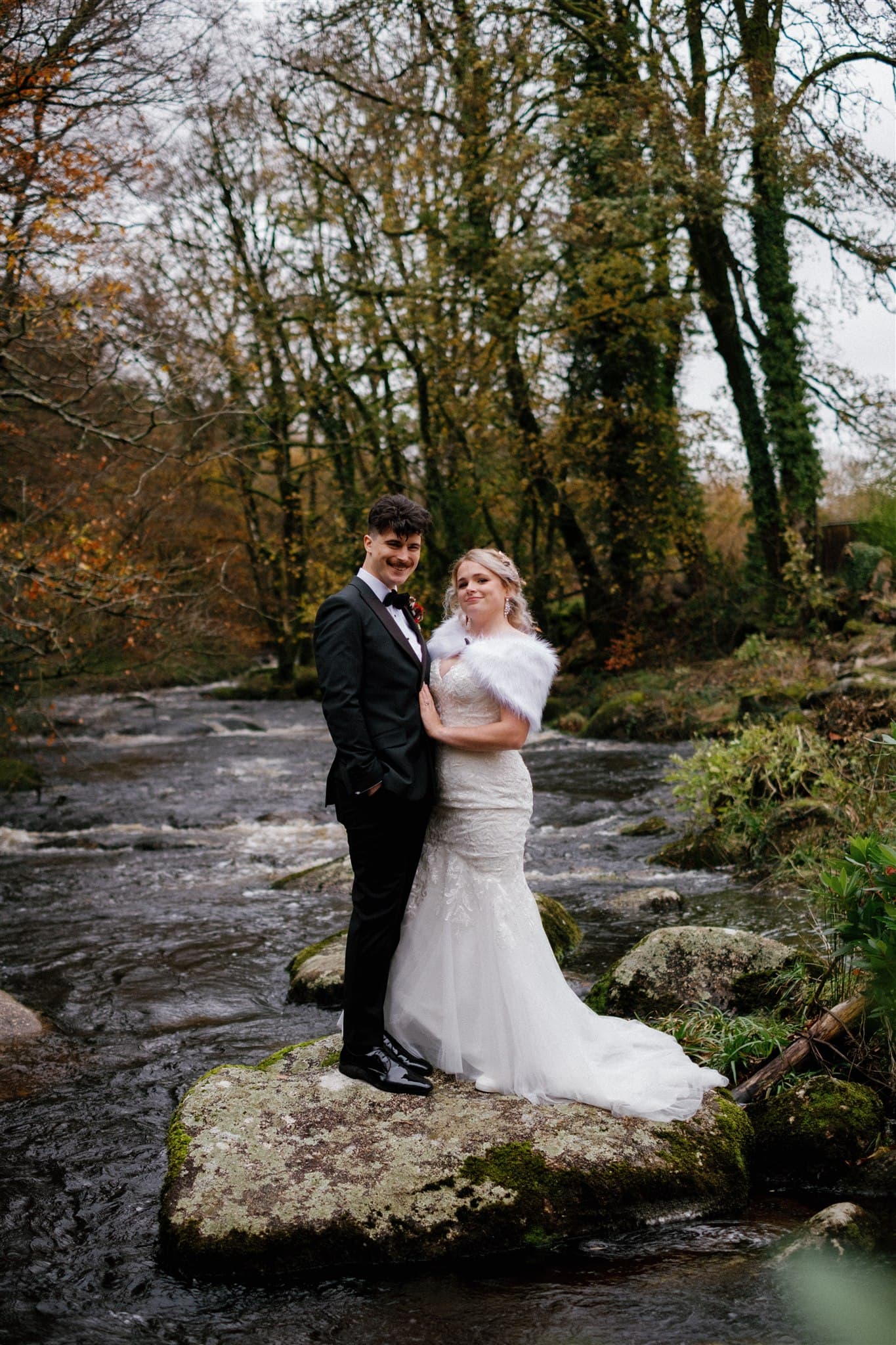 Badgers Holt, Dartmoor, couple posing in river